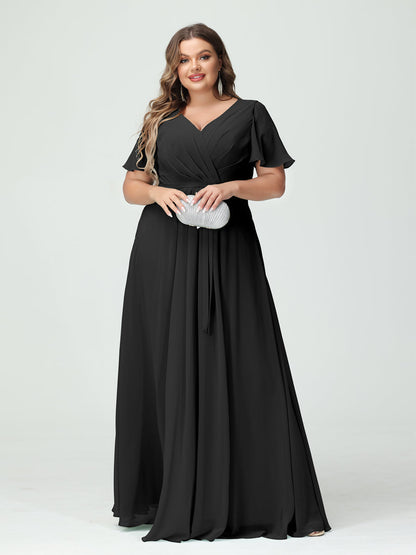 Vestidos Princesa/ Formato A Decote Em V Manga Curta Chiffon Split Side Plus Size Vestidos de Dama de Honra com Bolsos e Cinto