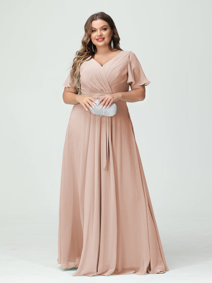 Vestidos Princesa/ Formato A Decote Em V Manga Curta Chiffon Split Side Plus Size Vestidos de Dama de Honra com Bolsos e Cinto