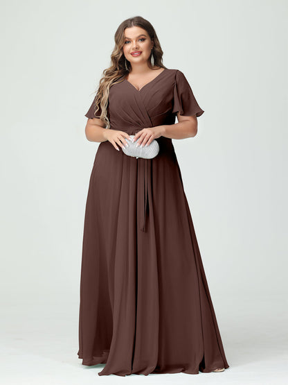 Vestidos Princesa/ Formato A Decote Em V Manga Curta Chiffon Split Side Plus Size Vestidos de Dama de Honra com Bolsos e Cinto