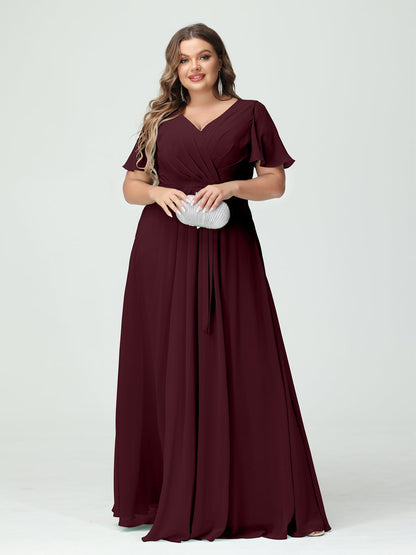 Vestidos Princesa/ Formato A Decote Em V Manga Curta Chiffon Split Side Plus Size Vestidos de Dama de Honra com Bolsos e Cinto