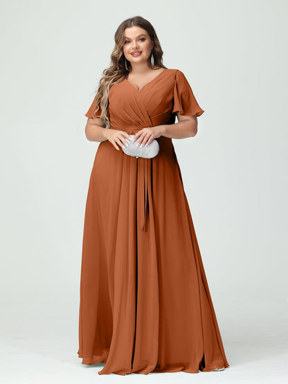 Vestidos Princesa/ Formato A Decote Em V Manga Curta Chiffon Split Side Plus Size Vestidos de Dama de Honra com Bolsos e Cinto