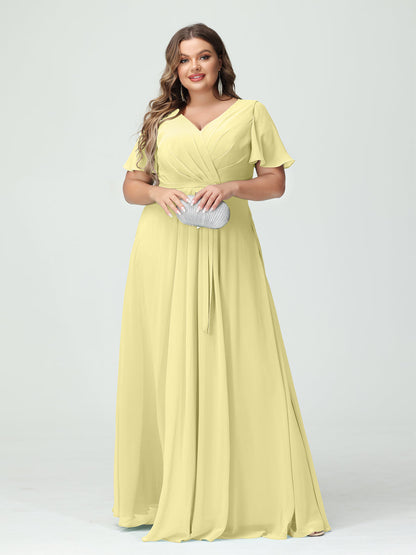 Vestidos Princesa/ Formato A Decote Em V Manga Curta Chiffon Split Side Plus Size Vestidos de Dama de Honra com Bolsos e Cinto