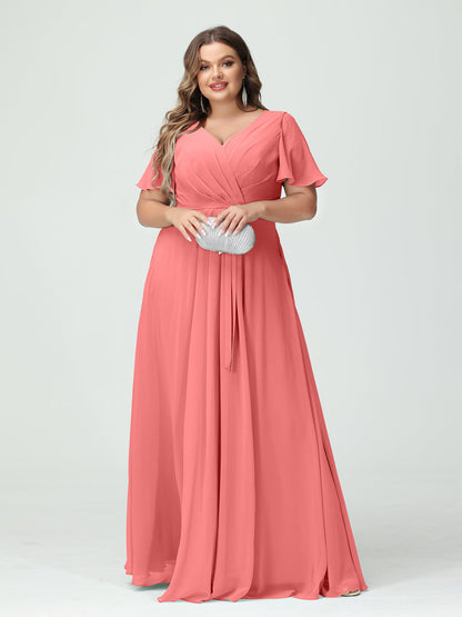 Vestidos Princesa/ Formato A Decote Em V Manga Curta Chiffon Split Side Plus Size Vestidos de Dama de Honra com Bolsos e Cinto