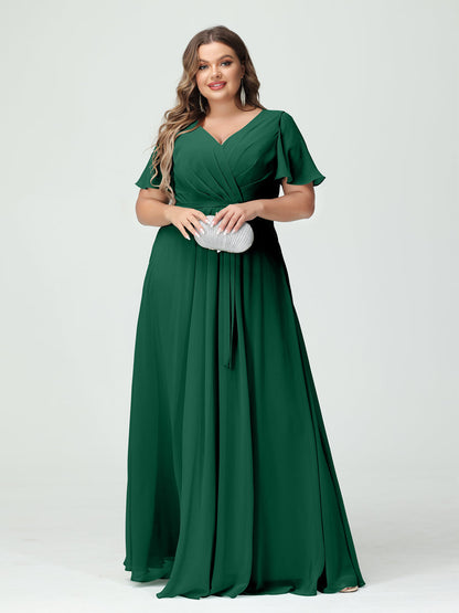 Vestidos Princesa/ Formato A Decote Em V Manga Curta Chiffon Split Side Plus Size Vestidos de Dama de Honra com Bolsos e Cinto