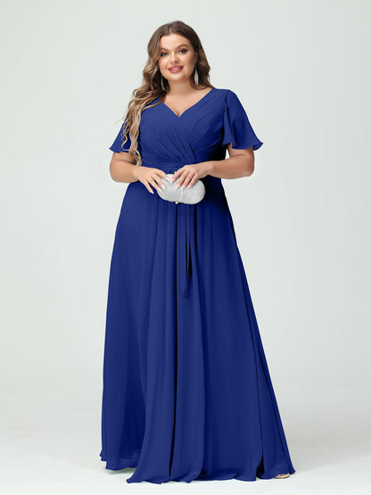 Vestidos Princesa/ Formato A Decote Em V Manga Curta Chiffon Split Side Plus Size Vestidos de Dama de Honra com Bolsos e Cinto