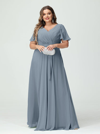 Vestidos Princesa/ Formato A Decote Em V Manga Curta Chiffon Split Side Plus Size Vestidos de Dama de Honra com Bolsos e Cinto