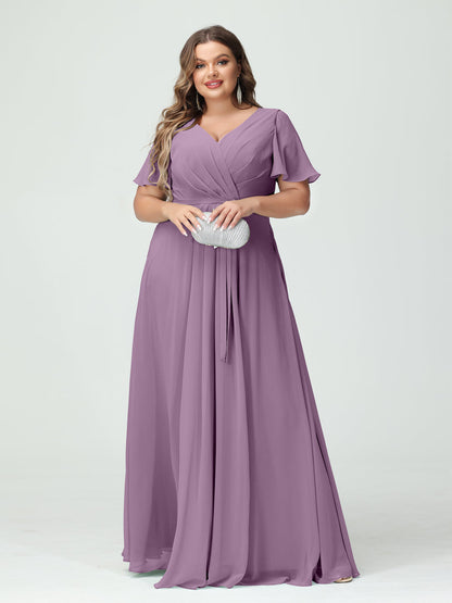 Vestidos Princesa/ Formato A Decote Em V Manga Curta Chiffon Split Side Plus Size Vestidos de Dama de Honra com Bolsos e Cinto