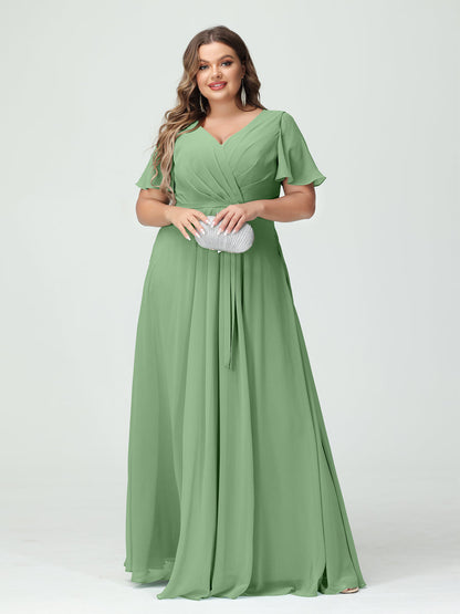 Vestidos Princesa/ Formato A Decote Em V Manga Curta Chiffon Split Side Plus Size Vestidos de Dama de Honra com Bolsos e Cinto