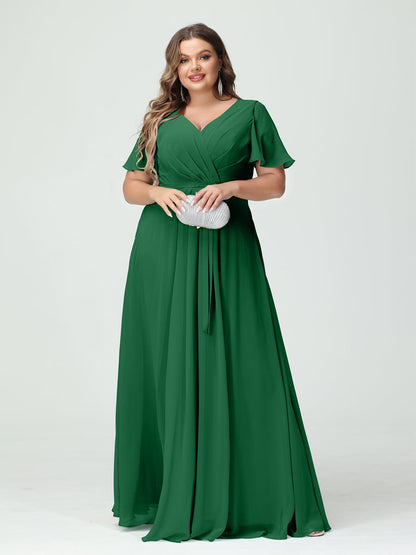 Vestidos Princesa/ Formato A Decote Em V Manga Curta Chiffon Split Side Plus Size Vestidos de Dama de Honra com Bolsos e Cinto