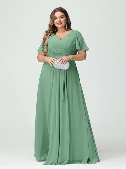 Vestidos Princesa/ Formato A Decote Em V Manga Curta Chiffon Split Side Plus Size Vestidos de Dama de Honra com Bolsos e Cinto