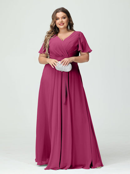 Vestidos Princesa/ Formato A Decote Em V Manga Curta Chiffon Split Side Plus Size Vestidos de Dama de Honra com Bolsos e Cinto