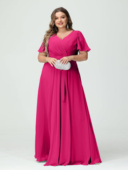 Vestidos Princesa/ Formato A Decote Em V Manga Curta Chiffon Split Side Plus Size Vestidos de Dama de Honra com Bolsos e Cinto