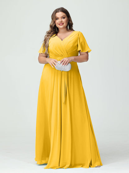 Vestidos Princesa/ Formato A Decote Em V Manga Curta Chiffon Split Side Plus Size Vestidos de Dama de Honra com Bolsos e Cinto