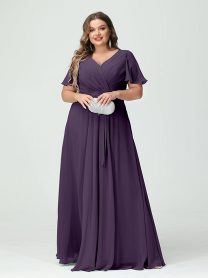 Vestidos Princesa/ Formato A Decote Em V Manga Curta Chiffon Split Side Plus Size Vestidos de Dama de Honra com Bolsos e Cinto