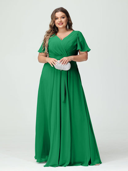 Vestidos Princesa/ Formato A Decote Em V Manga Curta Chiffon Split Side Plus Size Vestidos de Dama de Honra com Bolsos e Cinto