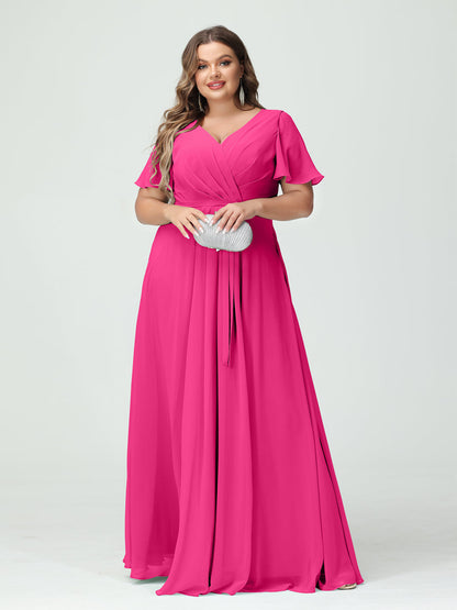 Vestidos Princesa/ Formato A Decote Em V Manga Curta Chiffon Split Side Plus Size Vestidos de Dama de Honra com Bolsos e Cinto