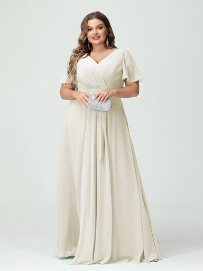 Vestidos Princesa/ Formato A Decote Em V Manga Curta Chiffon Split Side Plus Size Vestidos de Dama de Honra com Bolsos e Cinto