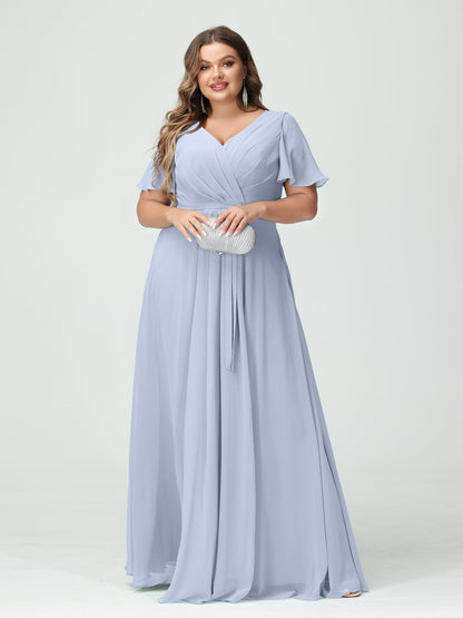 Vestidos Princesa/ Formato A Decote Em V Manga Curta Chiffon Split Side Plus Size Vestidos de Dama de Honra com Bolsos e Cinto