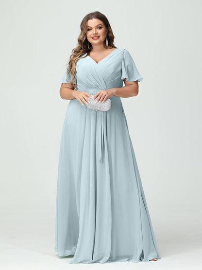 Vestidos Princesa/ Formato A Decote Em V Manga Curta Chiffon Split Side Plus Size Vestidos de Dama de Honra com Bolsos e Cinto