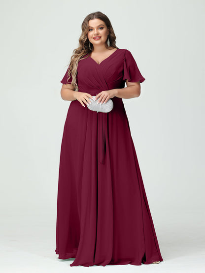 Vestidos Princesa/ Formato A Decote Em V Manga Curta Chiffon Split Side Plus Size Vestidos de Dama de Honra com Bolsos e Cinto