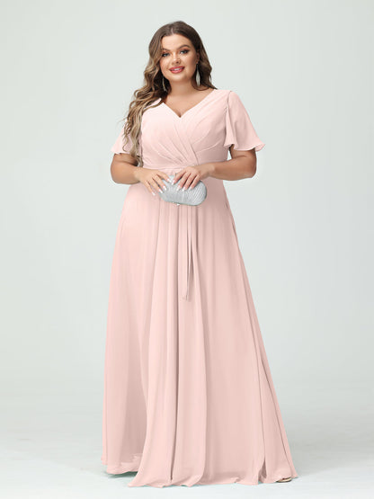 Vestidos Princesa/ Formato A Decote Em V Manga Curta Chiffon Split Side Plus Size Vestidos de Dama de Honra com Bolsos e Cinto