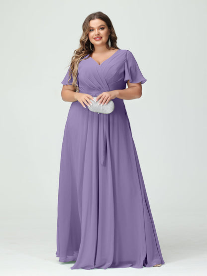 Vestidos Princesa/ Formato A Decote Em V Manga Curta Chiffon Split Side Plus Size Vestidos de Dama de Honra com Bolsos e Cinto