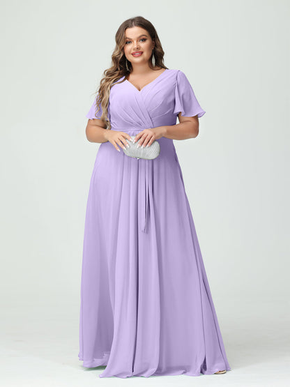 Vestidos Princesa/ Formato A Decote Em V Manga Curta Chiffon Split Side Plus Size Vestidos de Dama de Honra com Bolsos e Cinto