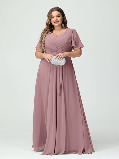 Vestidos Princesa/ Formato A Decote Em V Manga Curta Chiffon Split Side Plus Size Vestidos de Dama de Honra com Bolsos e Cinto