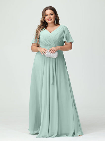 Vestidos Princesa/ Formato A Decote Em V Manga Curta Chiffon Split Side Plus Size Vestidos de Dama de Honra com Bolsos e Cinto