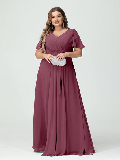 Vestidos Princesa/ Formato A Decote Em V Manga Curta Chiffon Split Side Plus Size Vestidos de Dama de Honra com Bolsos e Cinto