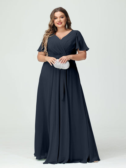 Vestidos Princesa/ Formato A Decote Em V Manga Curta Chiffon Split Side Plus Size Vestidos de Dama de Honra com Bolsos e Cinto