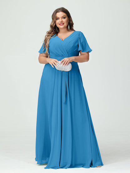 Vestidos Princesa/ Formato A Decote Em V Manga Curta Chiffon Split Side Plus Size Vestidos de Dama de Honra com Bolsos e Cinto