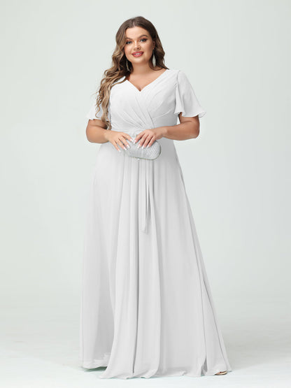 Vestidos Princesa/ Formato A Decote Em V Manga Curta Chiffon Split Side Plus Size Vestidos de Dama de Honra com Bolsos e Cinto