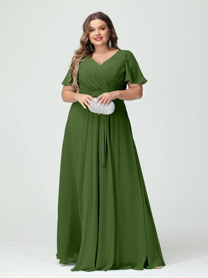 Vestidos Princesa/ Formato A Decote Em V Manga Curta Chiffon Split Side Plus Size Vestidos de Dama de Honra com Bolsos e Cinto