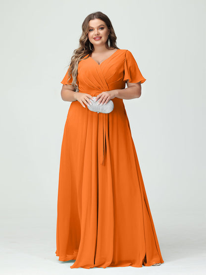 Vestidos Princesa/ Formato A Decote Em V Manga Curta Chiffon Split Side Plus Size Vestidos de Dama de Honra com Bolsos e Cinto