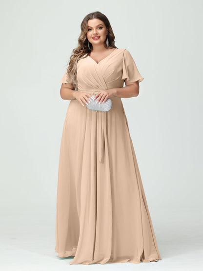 Vestidos Princesa/ Formato A Decote Em V Manga Curta Chiffon Split Side Plus Size Vestidos de Dama de Honra com Bolsos e Cinto