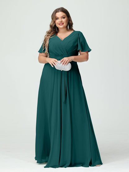 Vestidos Princesa/ Formato A Decote Em V Manga Curta Chiffon Split Side Plus Size Vestidos de Dama de Honra com Bolsos e Cinto