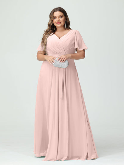 Vestidos Princesa/ Formato A Decote Em V Manga Curta Chiffon Split Side Plus Size Vestidos de Dama de Honra com Bolsos e Cinto