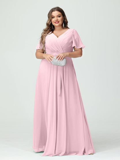 Vestidos Princesa/ Formato A Decote Em V Manga Curta Chiffon Split Side Plus Size Vestidos de Dama de Honra com Bolsos e Cinto