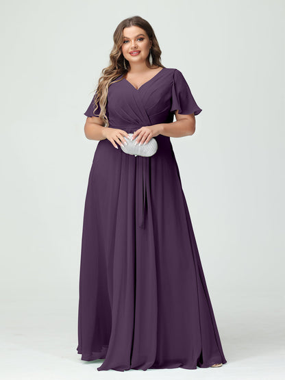 Vestidos Princesa/ Formato A Decote Em V Manga Curta Chiffon Split Side Plus Size Vestidos de Dama de Honra com Bolsos e Cinto