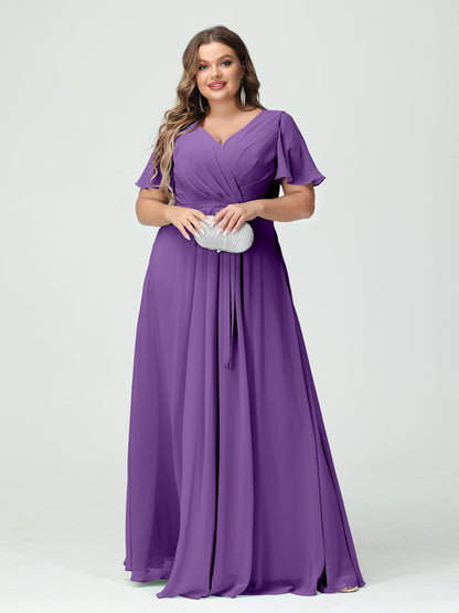 Vestidos Princesa/ Formato A Decote Em V Manga Curta Chiffon Split Side Plus Size Vestidos de Dama de Honra com Bolsos e Cinto