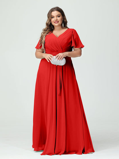 Vestidos Princesa/ Formato A Decote Em V Manga Curta Chiffon Split Side Plus Size Vestidos de Dama de Honra com Bolsos e Cinto