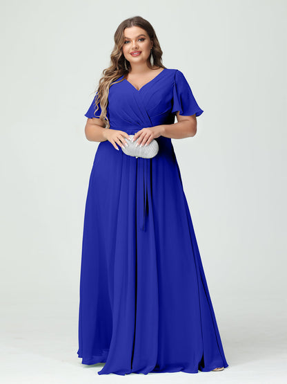 Vestidos Princesa/ Formato A Decote Em V Manga Curta Chiffon Split Side Plus Size Vestidos de Dama de Honra com Bolsos e Cinto