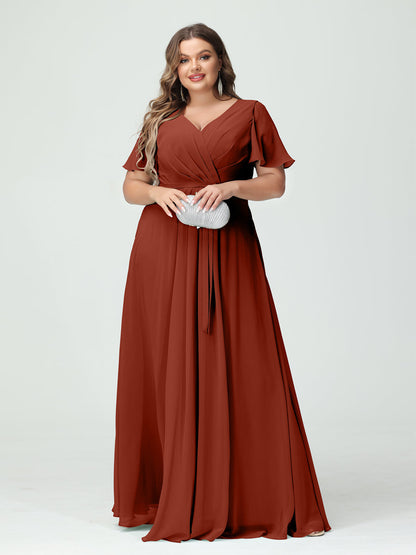 Vestidos Princesa/ Formato A Decote Em V Manga Curta Chiffon Split Side Plus Size Vestidos de Dama de Honra com Bolsos e Cinto