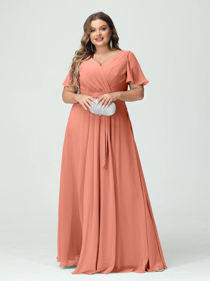 Vestidos Princesa/ Formato A Decote Em V Manga Curta Chiffon Split Side Plus Size Vestidos de Dama de Honra com Bolsos e Cinto