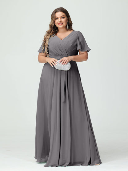 Vestidos Princesa/ Formato A Decote Em V Manga Curta Chiffon Split Side Plus Size Vestidos de Dama de Honra com Bolsos e Cinto