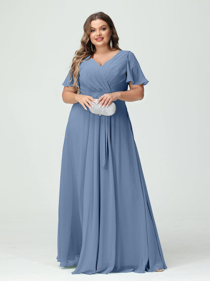 Vestidos Princesa/ Formato A Decote Em V Manga Curta Chiffon Split Side Plus Size Vestidos de Dama de Honra com Bolsos e Cinto