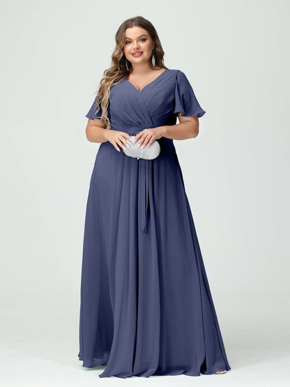 Vestidos Princesa/ Formato A Decote Em V Manga Curta Chiffon Split Side Plus Size Vestidos de Dama de Honra com Bolsos e Cinto