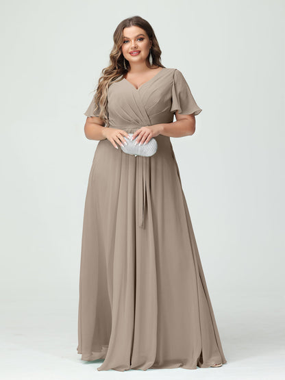 Vestidos Princesa/ Formato A Decote Em V Manga Curta Chiffon Split Side Plus Size Vestidos de Dama de Honra com Bolsos e Cinto