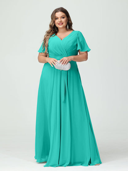 Vestidos Princesa/ Formato A Decote Em V Manga Curta Chiffon Split Side Plus Size Vestidos de Dama de Honra com Bolsos e Cinto